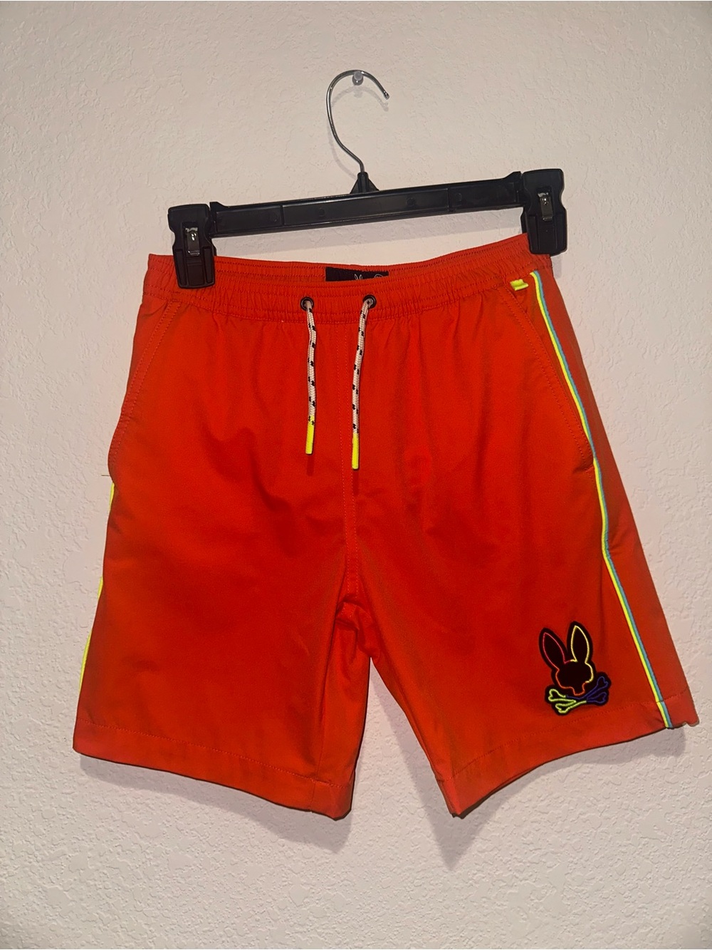 Psycho Bunny Leo Hydrochromic Orange Swim Shorts with Neon Trim. Size 10/12